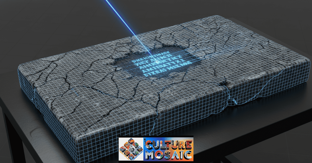 A cinematic flat-lay image of an ancient stone inscription being digitally audited and reconstructed using Forensic Digital Storytelling wireframes and laser data streams on a dark background.