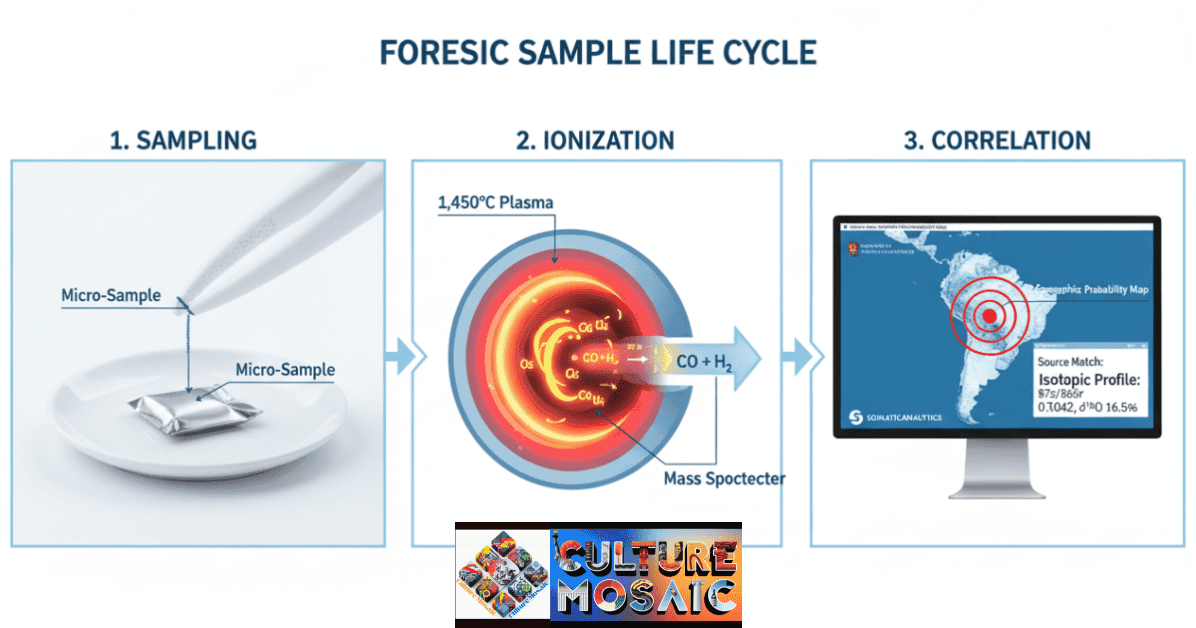 A three-step technical illustration of the forensic fiber analysis process: sampling, thermal conversion, and database correlation.