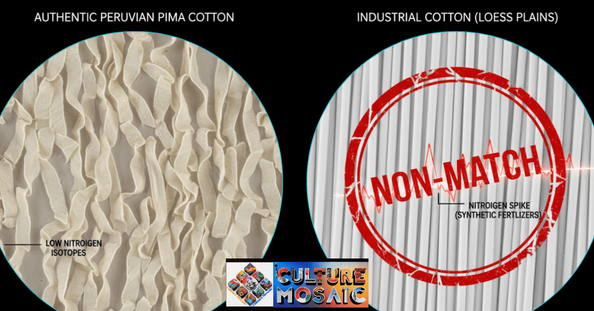 A split-screen microscopic comparison between authentic organic Pima cotton and synthetic-fertilized industrial cotton with isotope data overlays.