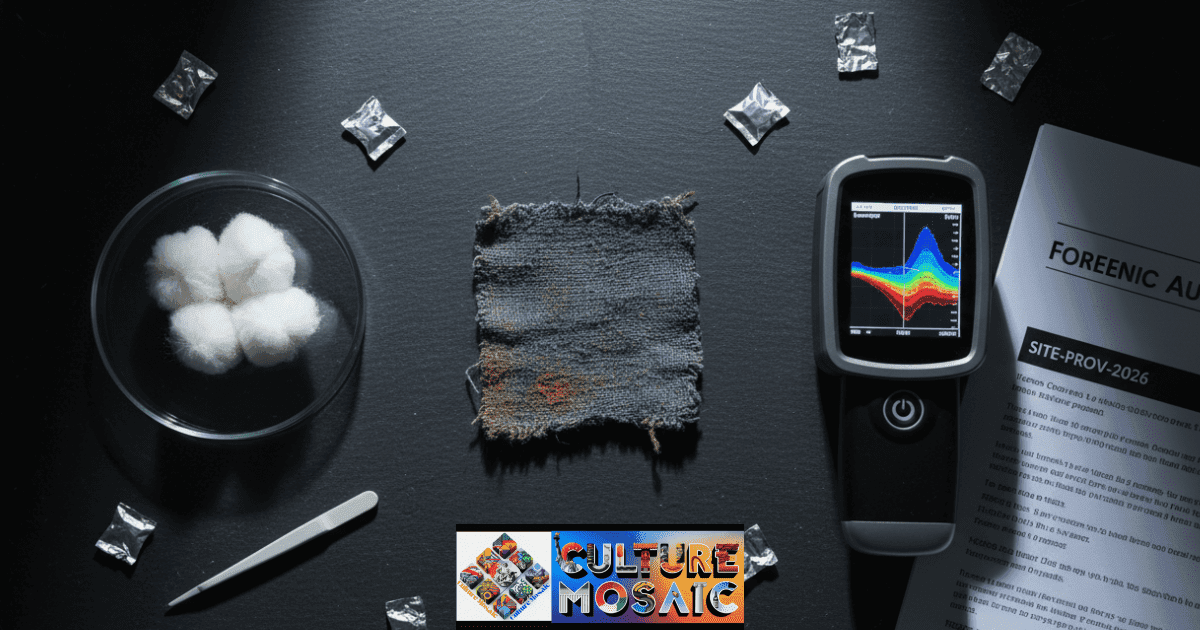 Geographic Fingerprinting of Heritage Fibers. A forensic laboratory setup showing ancient textile fragments alongside modern isotope scanning equipment and an audit report.