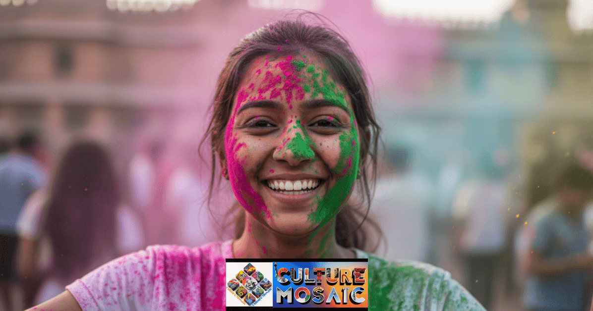 A close-up portrait of a person smiling, their face and hair covered in bright Holi colors.