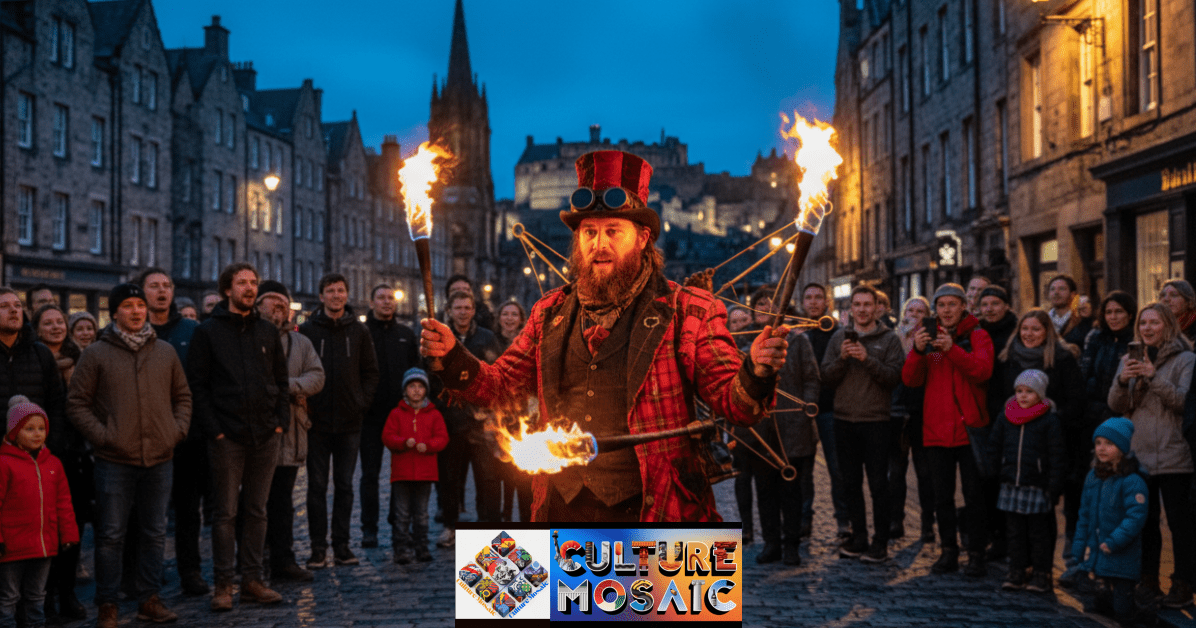 A street performer entertaining a crowd on the historic Royal Mile during the Edinburgh Fringe.