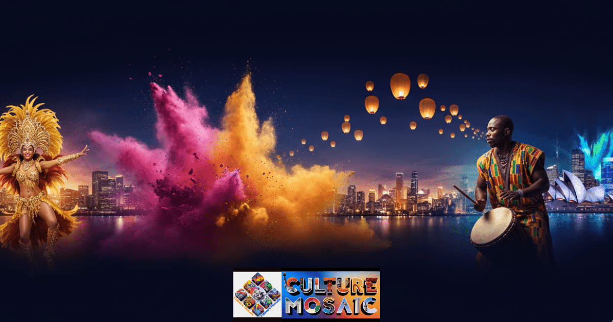 Global Cultural Festivals Guide. A vibrant collage representing the Global Cultural Festivals Guide 2026, featuring a Rio Carnival dancer, Holi color explosions, floating lanterns, an African ceremonial drummer, and Vivid Sydney light displays.