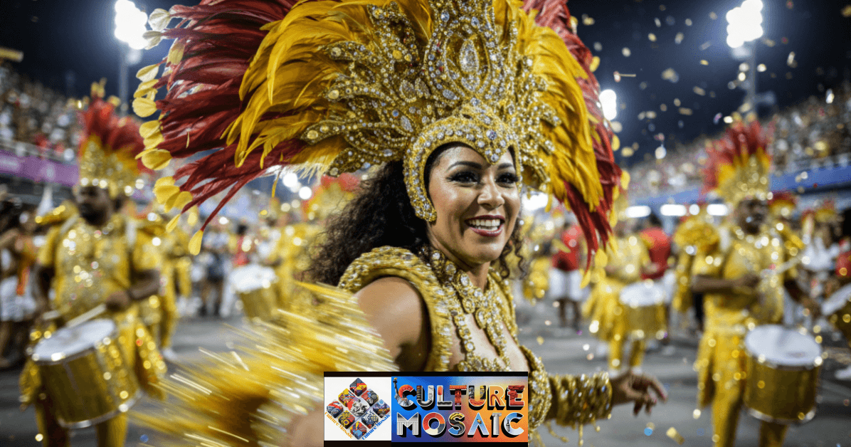 Vibrant feathers and sequins of a Rio Carnival dancer in motion at the Sambadrome.