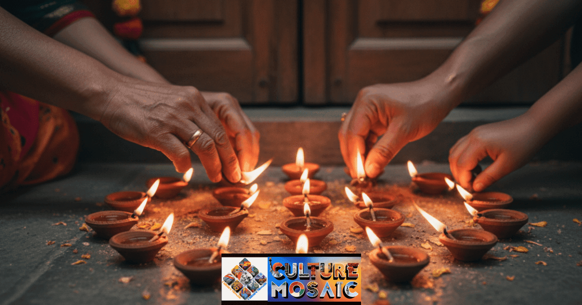 Hands carefully arranging glowing clay oil lamps on a porch during Diwali.