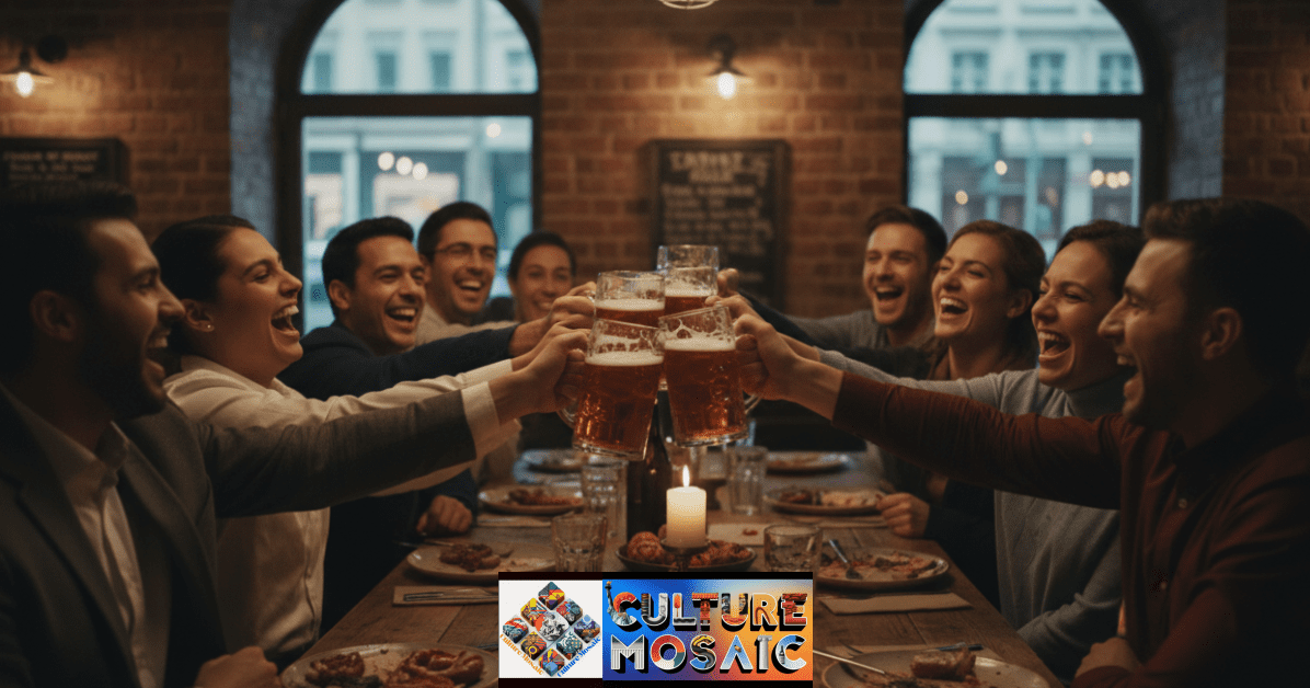 People in traditional Bavarian dress clinking beer steins at a communal table in Munich.