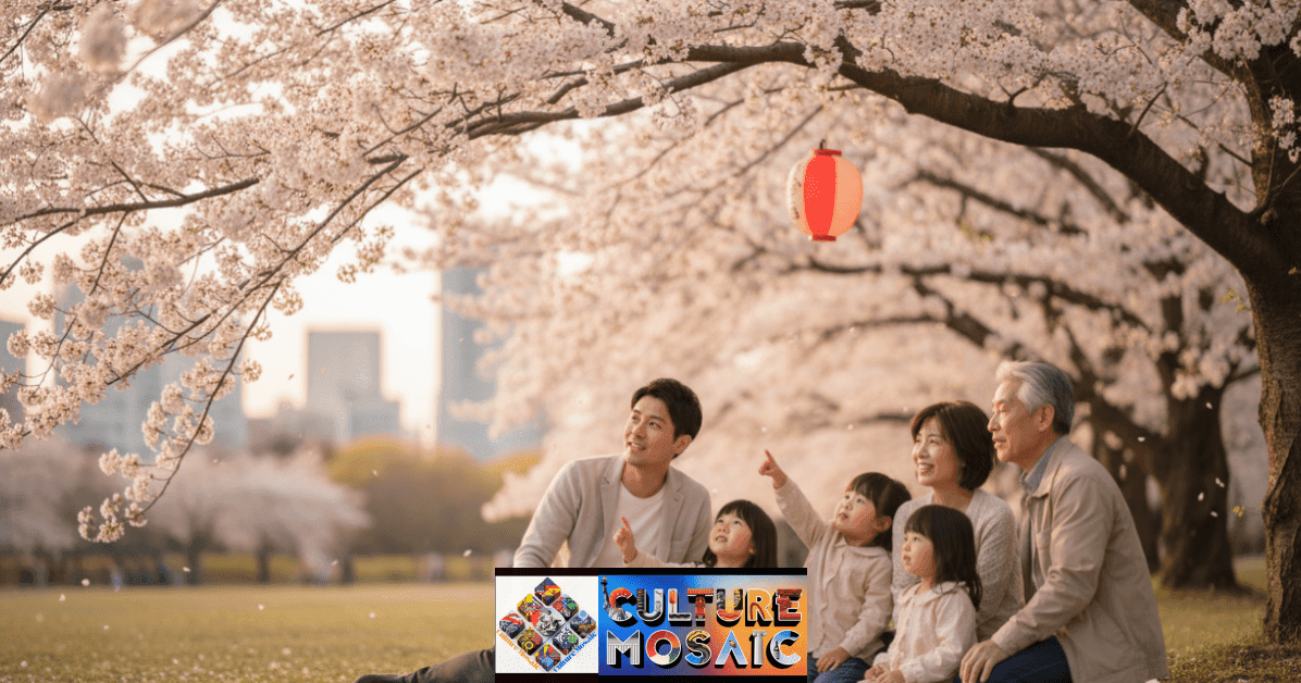 Families sitting on blue tarps enjoying a picnic under blooming cherry blossom trees in Japan.