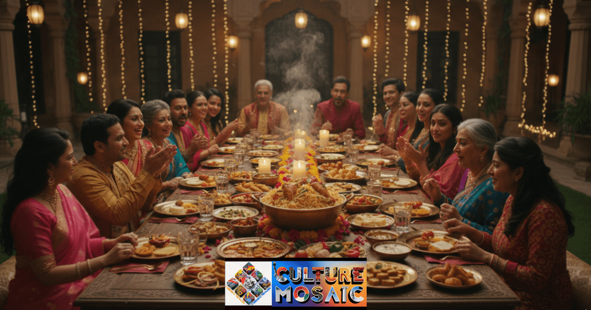 A large, diverse family gathering around a feast to celebrate Eid al-Fitr.