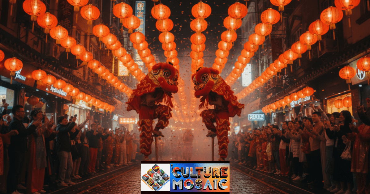 A red and gold Chinese lion dance performance under a canopy of lanterns.