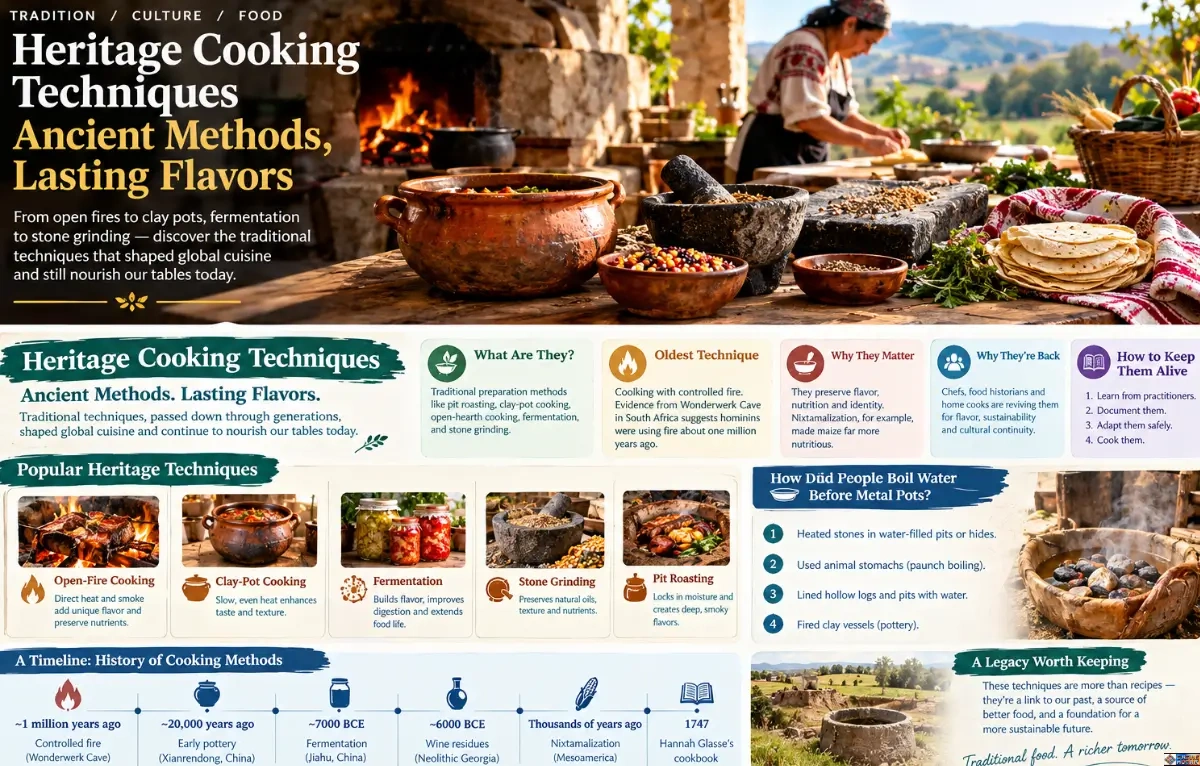 Rustic heritage cooking scene with a clay pot over an open fire, traditional foods, fresh herbs, flatbread, and countryside scenery, representing ancestral cooking methods and culinary traditions.