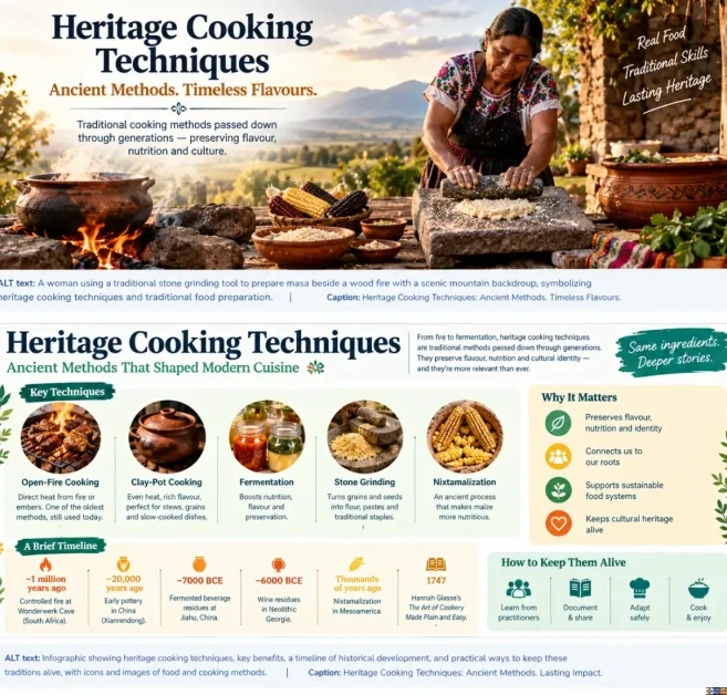 Infographic explaining heritage cooking techniques, including pit roasting, clay-pot cooking, open-hearth cooking, fermentation, stone grinding, their historical timeline, cultural importance, and ways to preserve these traditions.