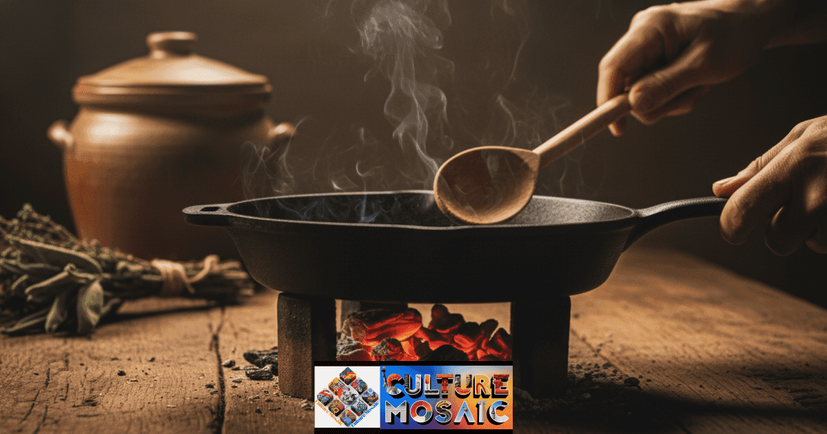 Close-up of a hand using a wooden spoon in a cast-iron skillet over glowing embers, representing authentic heritage cooking techniques with a ceramic fermentation crock in the blurred background.