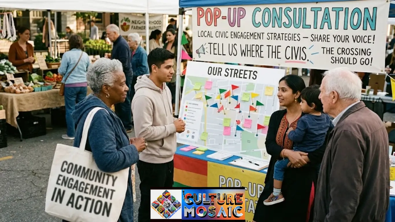 A dynamic photo shows a diverse group of neighbors actively contributing feedback at a 'Pop-Up Consultation' stall in a bustling outdoor market, a key example of successful local civic engagement strategies.