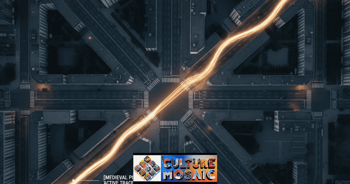 A top-down city map showing modern grid streets with a glowing amber overlay representing an ancient, non-linear walking path that cuts through the modern architecture.