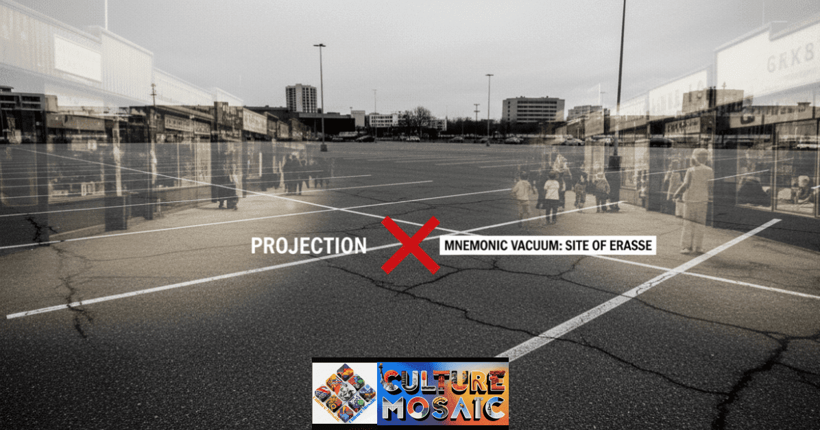 A black-and-white photo of a modern parking lot with a ghostly, sepia-toned projection of a vanished historical neighborhood superimposed over the ground.