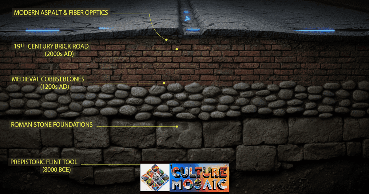 A vertical forensic cross-section of a city street showing layered history from modern digital cables down to prehistoric artifacts, labeled as a Mnemonic Stratigraphy Map.