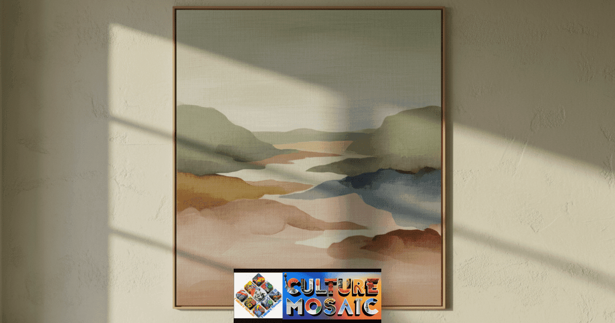 Neuro-Aesthetic Wall Art.: A large textured impasto painting on raw linen featuring a soft biophilic landscape in sage and ochre, hanging in a minimalist room with warm side-lighting to emphasize organic paint strokes.