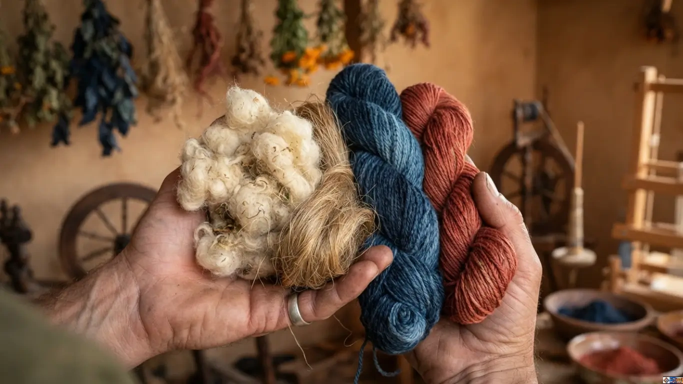 Hands holding organic raw wool fiber and natural botanical dyed yarn, representing regenerative textile traditions.