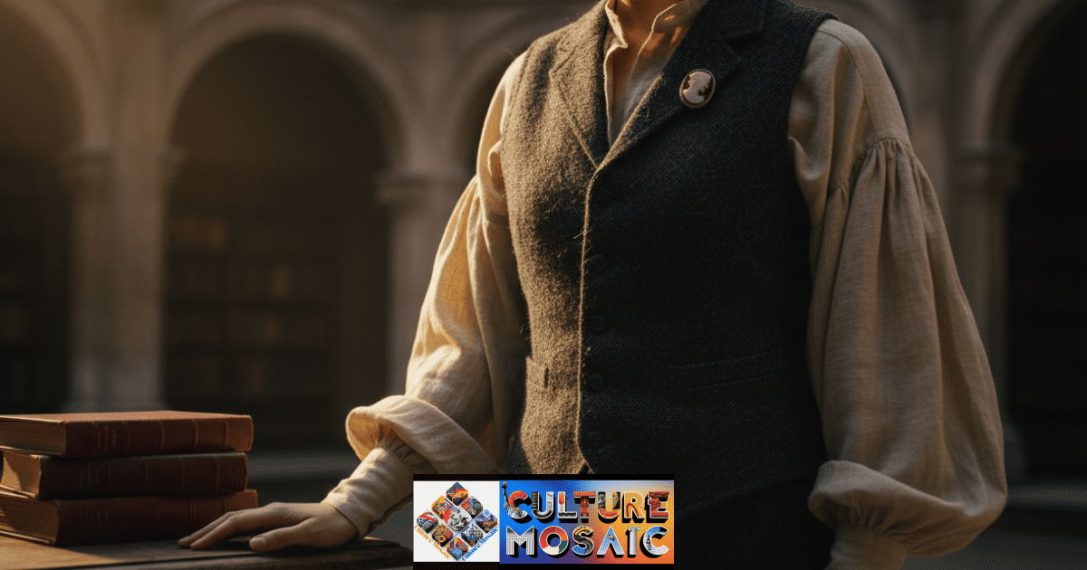 A person wearing a parchment linen blouse with voluminous bishop sleeves and a charcoal Harris Tweed vest, representing Poetcore Heritage Fashion in a sunlit historic library.