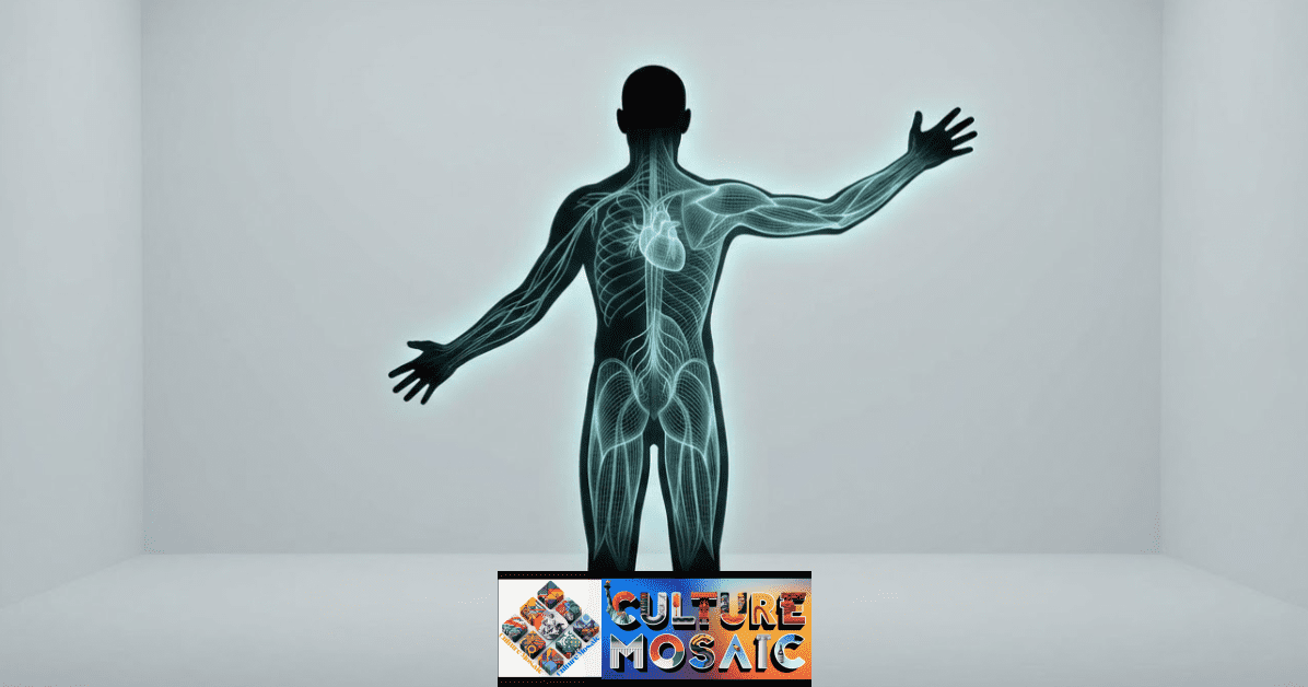 A stylized diagram illustrating a human silhouette. The image features glowing wireframe representations of internal biological pathways—nerves, muscles, and a simplified skeletal structure—which represent the body’s role as the primary sensor for embodied cognition.