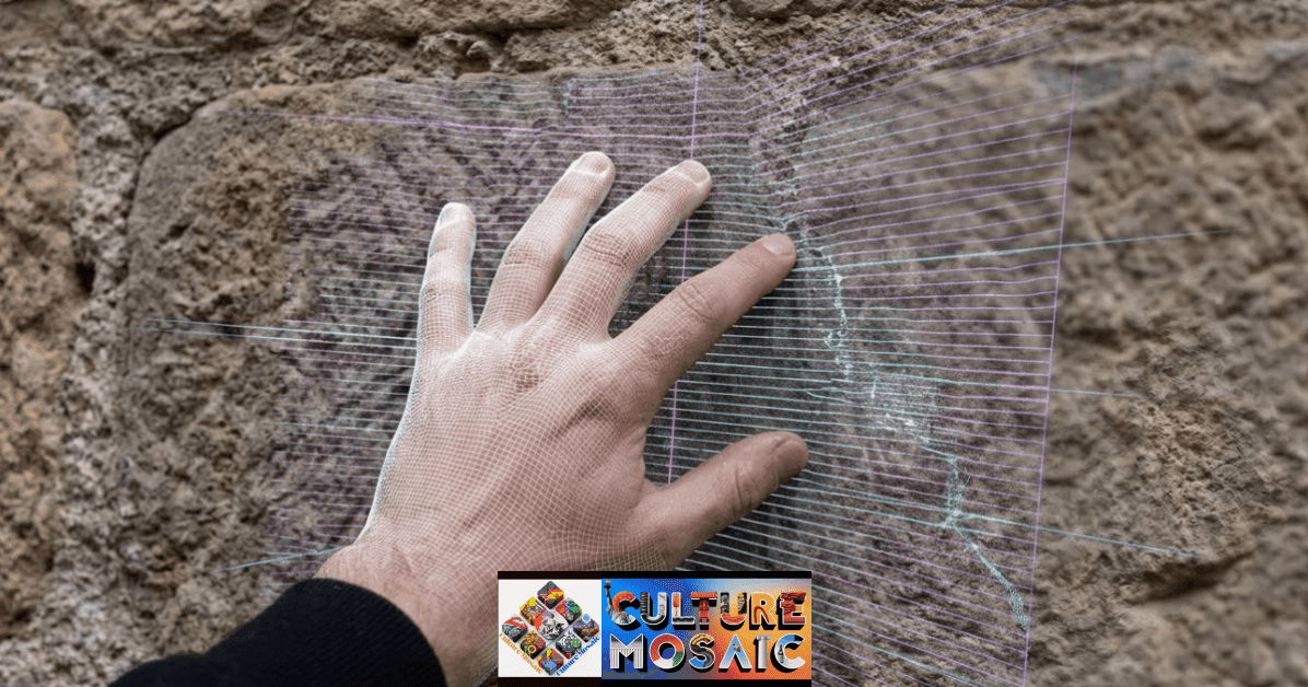 A close-up photograph capturing a human hand making contact with a rugged, historic stone wall, while being simultaneously scanned by a visible, cyan LiDAR grid projected by a nearby smartphone. The technology maps the micro-topography of the surface.