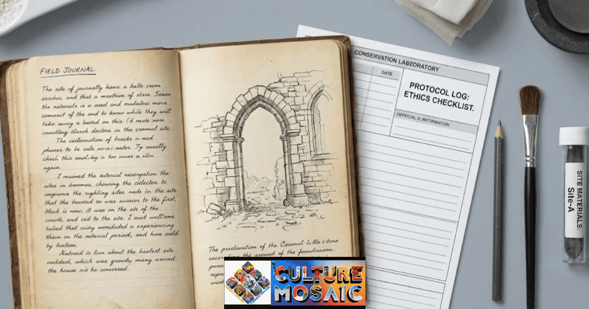 A top-down photograph capturing a weathered field journal opened to sketches of an industrial site. It is positioned on a clean desk next to an official 'PROTOCOL LOG: ETHICS CHECKLIST,' neatly aligned with a graphite stick and a small sample vial labeled 'SITE-A.'