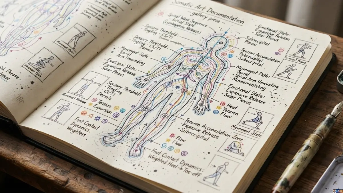 Somatic Art Documentation journal entry showing a detailed body mapping diagram with annotations for sensory thresholds, tension zones, and movement paths.