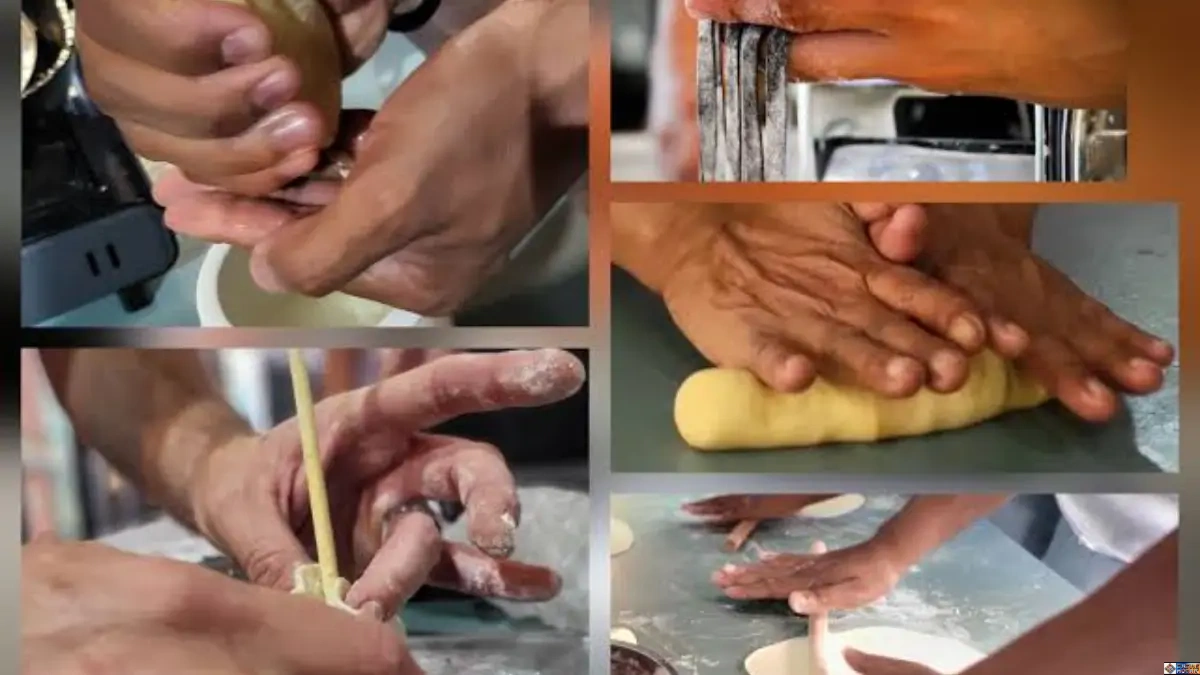 Hands shaping traditional flour dough using kinesthetic touch, illustrating somatic food memory and embodied culinary heritage.