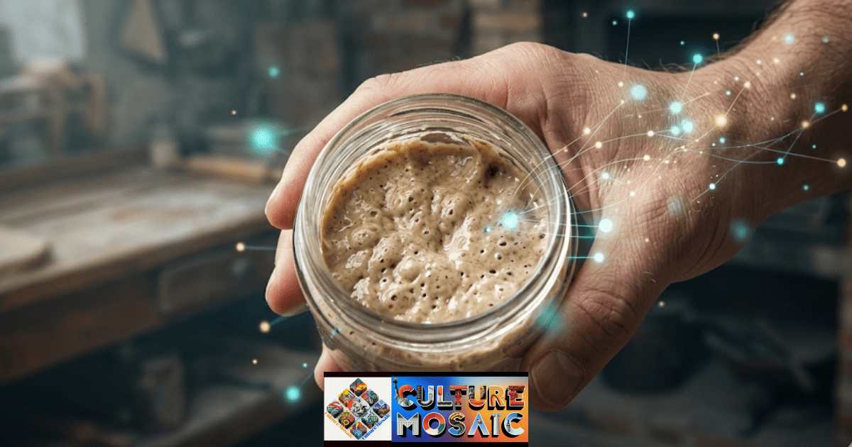 Somatic Food Memory. A close-up photograph of a hand gently holding a highly active, bubbly heirloom sourdough starter in a glass jar. The image emphasizes the thick, rich, biological texture of the continuous culture. Abstract, soft, glowing cyan data points radiate from the hand, visualizing neural connections to memory.