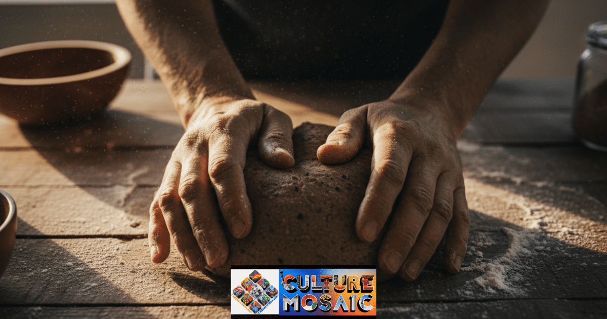 Close-up of hands kneading rustic dough on a textured wooden surface, illustrating Somatic Heritage Practices through sensory touch and haptic memory.