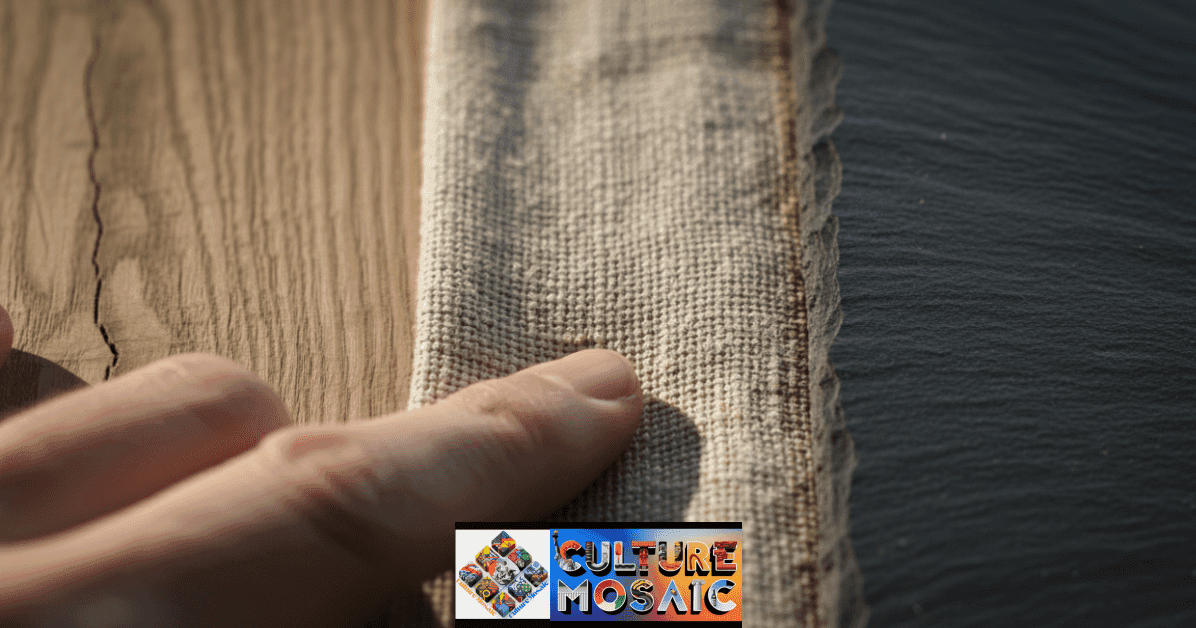A macro close-up photograph focused on tactile Somatic Home Design materials: raw oak wood grain, heavy woven linen, and smooth matte slate, with a hand lightly touching the fabric to emphasize the importance of haptic feedback for grounding.