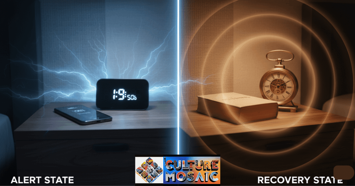 A split-screen comparison of a bedroom nightstand under 5000K cool-blue light with a glowing phone (Alert State) versus 2700K warm-amber light with a book and mechanical clock (Recovery State), demonstrating circadian lighting in Somatic Home Design.