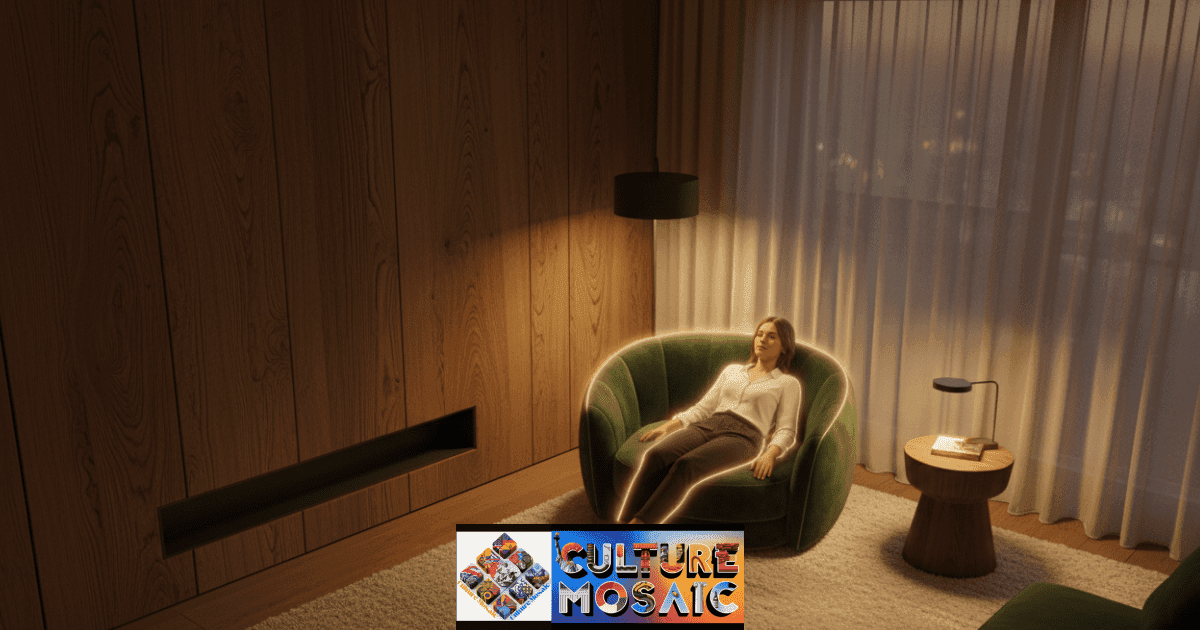 A wide-angle atmospheric photograph of a Somatic Home Design living room at twilight, featuring warm amber lighting, a person relaxing in a curved velvet armchair, and tactile natural materials like wood and wool, visualizing a restorative nervous system sanctuary.