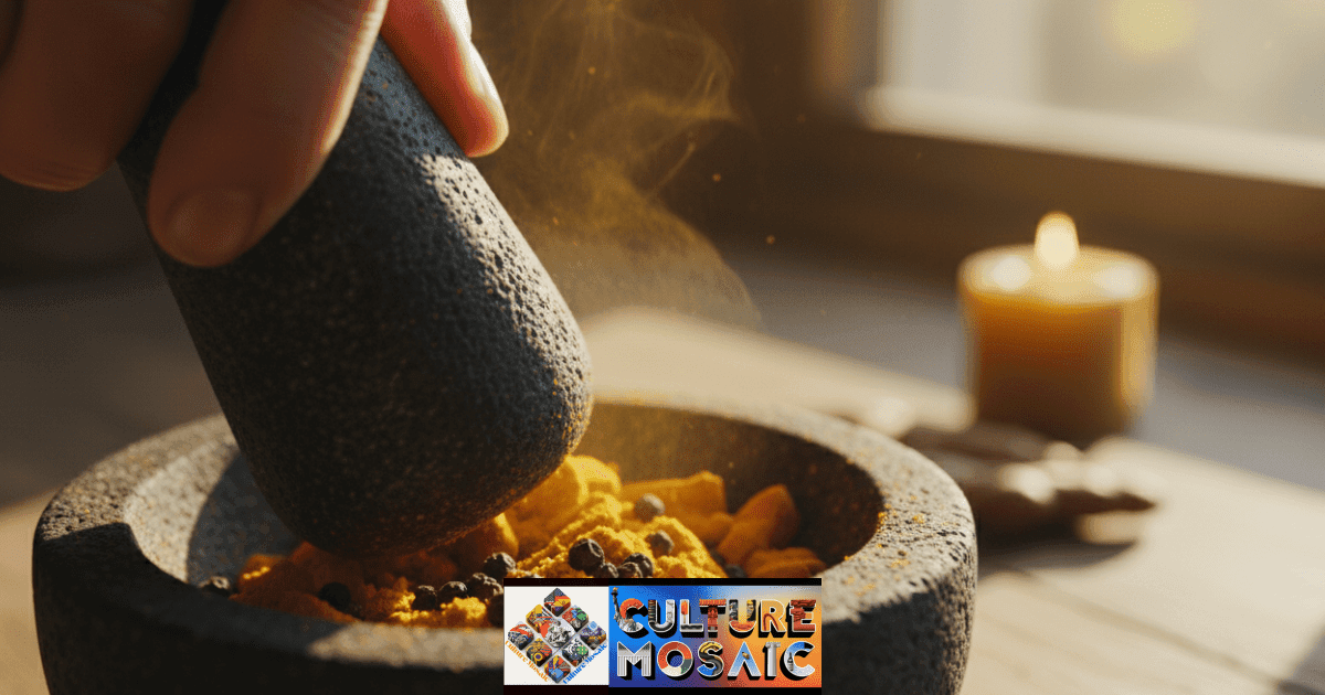 Somatic Seasoning ritual: A hand grinding raw turmeric and black pepper in a stone mortar, representing the neuro-gastrosophy of nervous system regulation.
