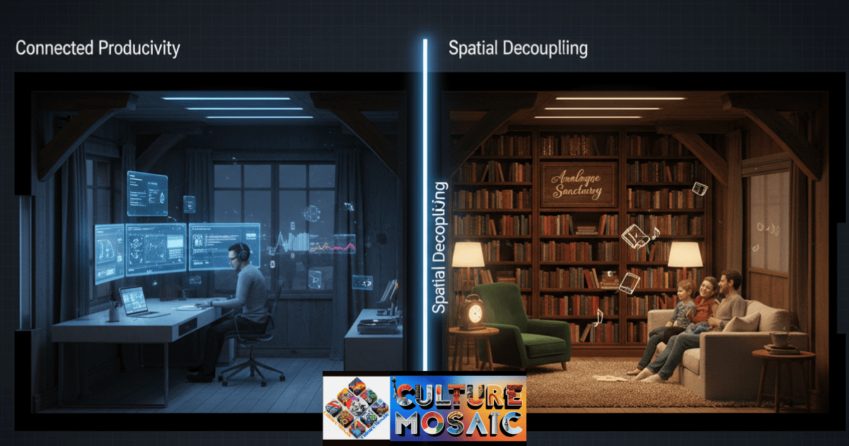 Spatial Decoupling for Home visualization showing a contemporary interior photograph split by a central line and lighting change. The left, cool-blue lit 'Digital Zone' contains a desk with multiple screens and charging devices for work. The right, warm-amber lit 'Analogue Sanctuary' is entirely screen-free, featuring extensive bookshelves, a spinning vinyl record player, and a velvet armchair.