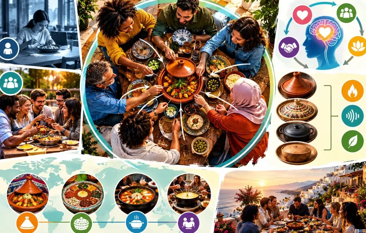 An illustrative collage on the architecture of shared dining vessels, featuring a central top-down view of people reaching into a central tagine dish, surrounded by diagrams on social connection, traditional serving vessels like clay pots and fondue, and scenes of communal eating around the world.