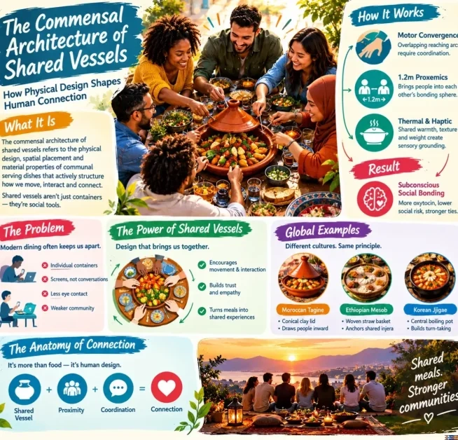 An infographic titled "The Commensal Architecture of Shared Vessels: How Physical Design Shapes Human Connection," explaining how communal serving dishes foster social bonding. It features sections on spatial proxemics, thermal sensory grounding, global cookware examples like Moroccan Tagine, Ethiopian Mesob, and Korean Jjigae, and contrasts solo eating at screens with communal dining.