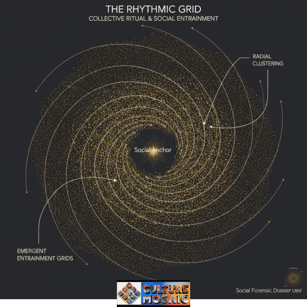 A circular data visualization titled "The Rhythmic Grid" depicting thousands of gold data points organized in a spiral formation. White arrows and lines indicate "Emergent Entrainment Grids" and "Radial Clustering" that revolve around a central star labeled "Social Anchor." The bottom right corner features a "Social Forensic Dossier 089" seal.