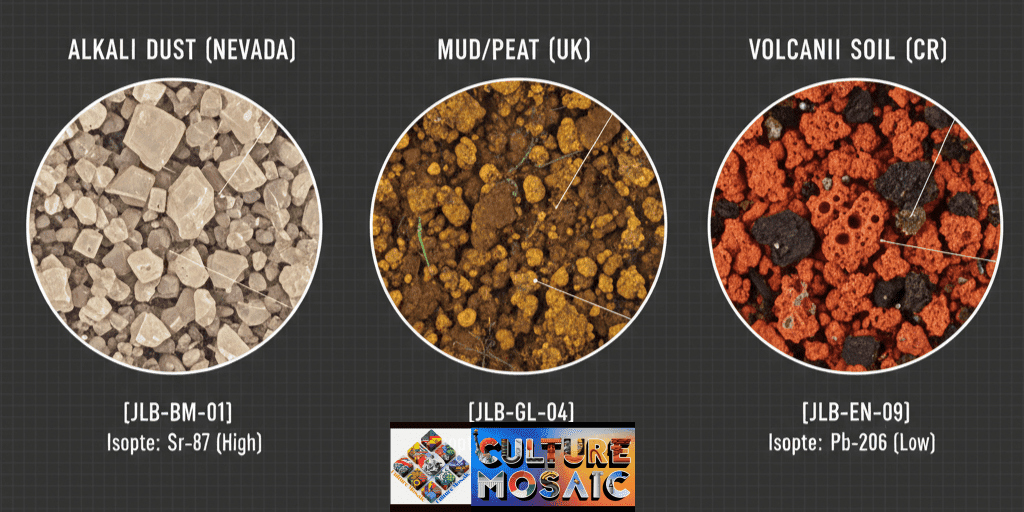 A scientific infographic triptych displaying three microscopic scans of dust: angular alkali dust from Nevada, earthy mud particles from the UK, and porous volcanic ash from Costa Rica.