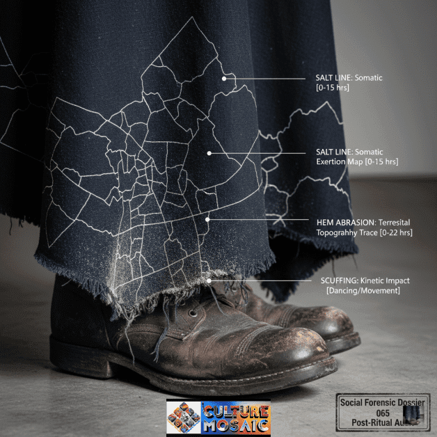 A close-up diagnostic photo of a dusty, dark indigo festival cloak with white salt lines and a frayed hem, alongside a scuffed leather boot. Callouts identify "Somatic Exertion Map" and "Kinetic Impact Archive."