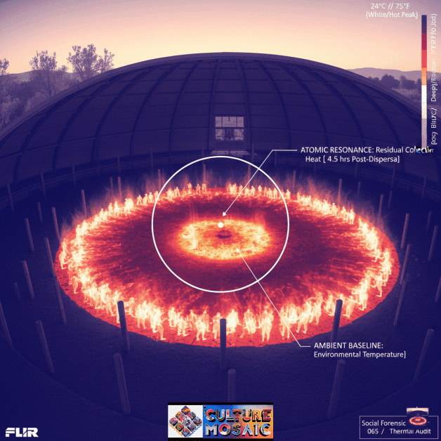 An infrared photograph of an empty circular ritual space showing residual white and crimson heat glowing in the center, contrasting with the cold blue perimeter, with temperature callouts.