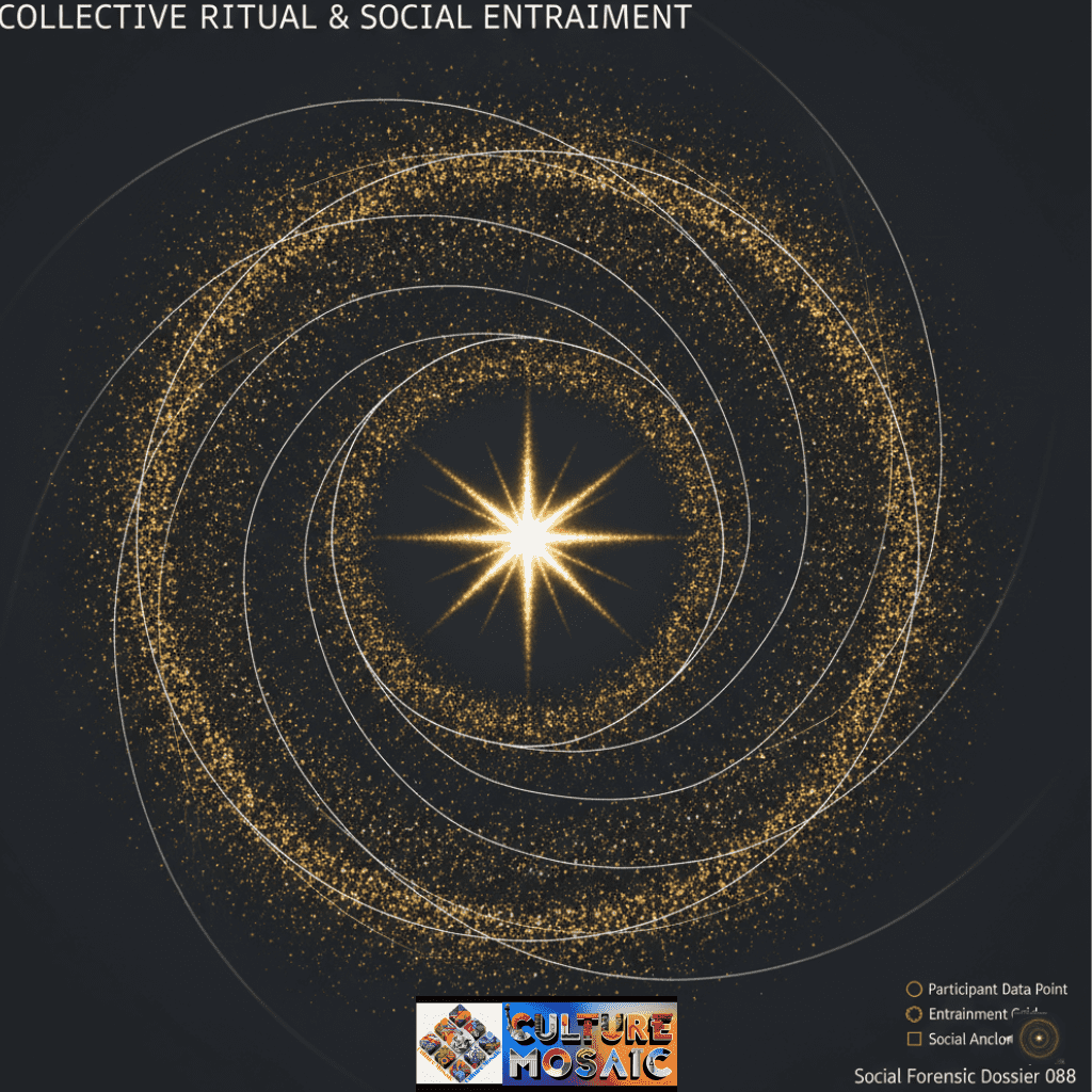 The Somatic Architecture of Collective Ritual. A top-down forensic heat map of a crowd organized into radial clusters and geometric grids around a central point, illustrating emergent entrainment in a ritual space.