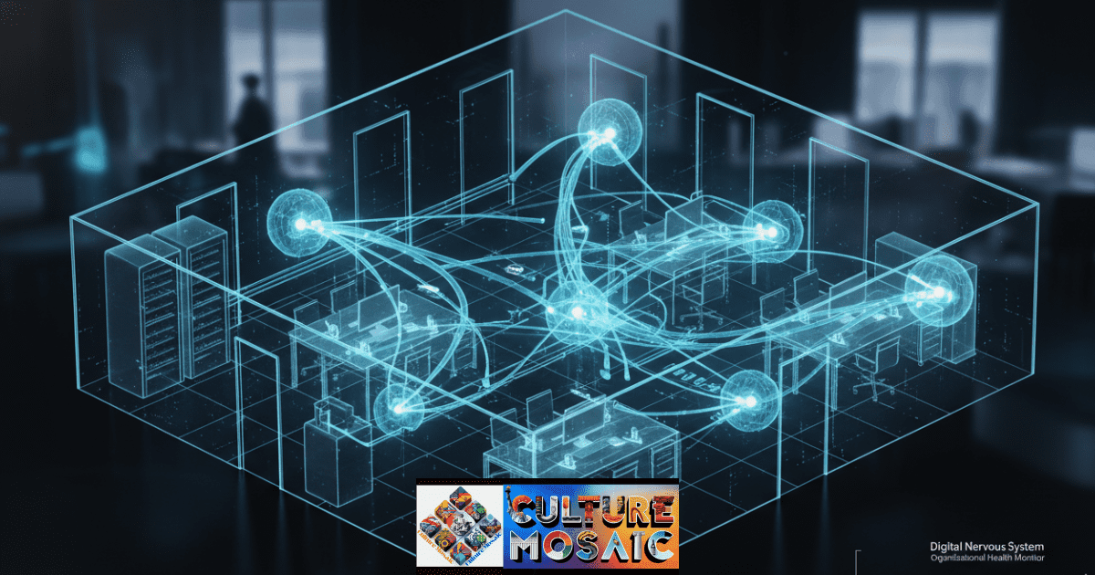 A 3D isometric visualization of an employee engagement infrastructure showing connected data nodes and real-time listening sensors within a modern organizational framework.