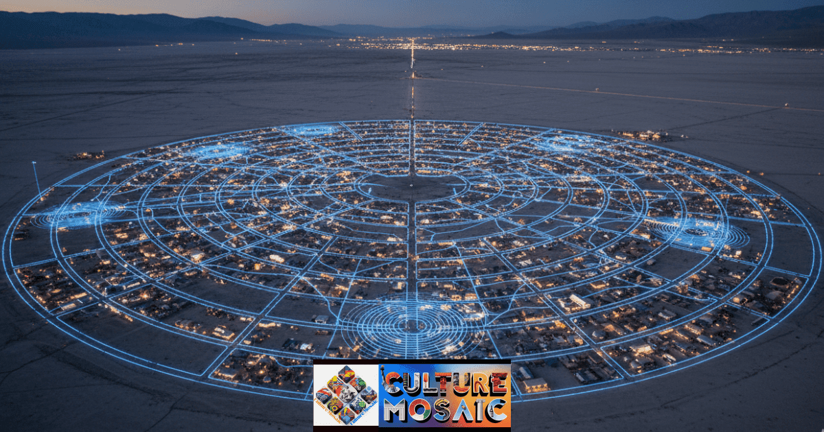 High-altitude aerial visualization of Black Rock City's circular grid, overlaid with a digital forensic wireframe mapping social interaction nodes and pedestrian flow, illustrating ephemeral social infrastructure.