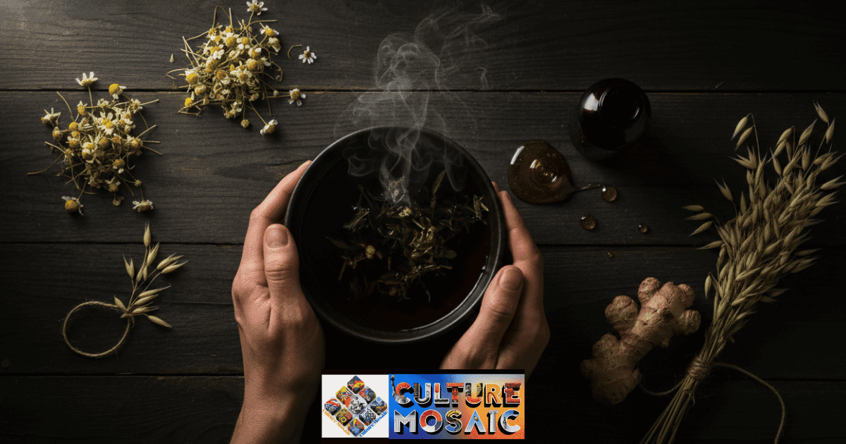 A tactile arrangement of soma 100 heritage recipes for self-care ingredients: steaming herbal broth in a clay bowl held by hands, dried chamomile, oat straw, and raw honey on a dark wooden table, illustrating somatic healing rituals.