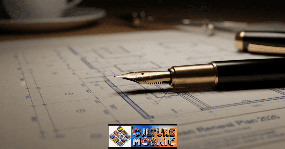 Close-up of a fountain pen on an architectural blueprint, symbolizing the structural nature of 801 Chophouse Chapter 11.