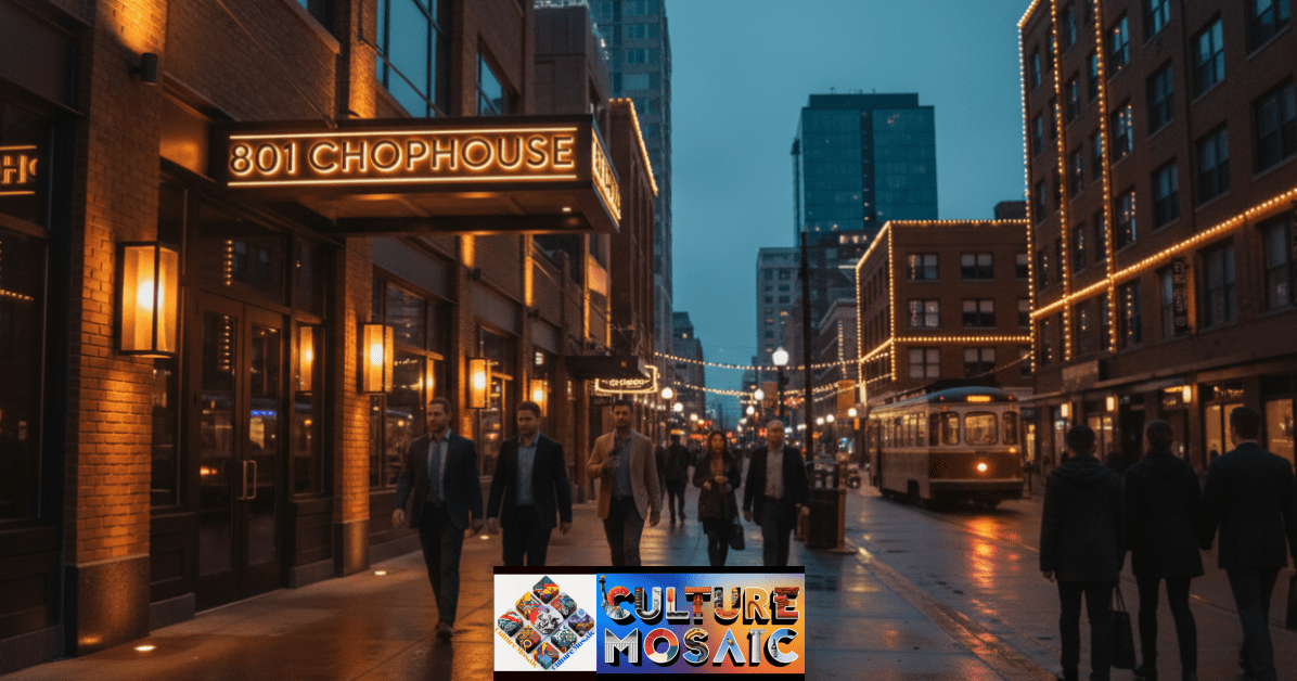 The exterior of a downtown 801 Chophouse location at night, showing its role as a civic anchor during Chapter 11.