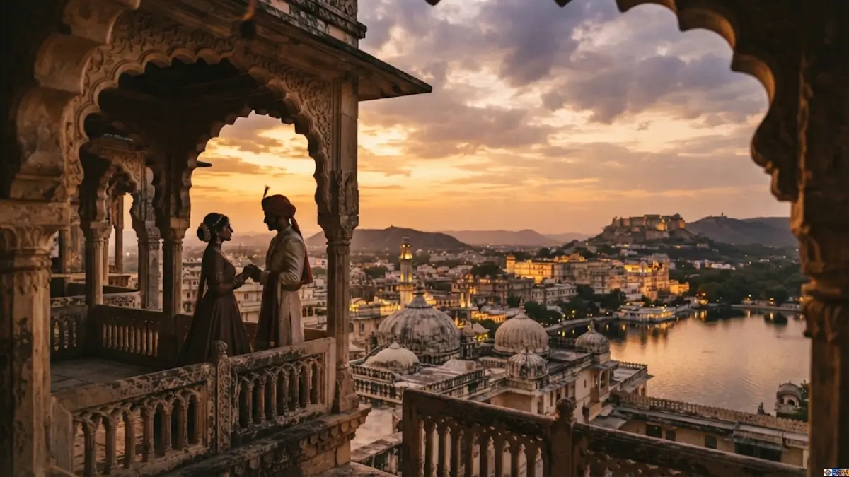 An evocative sunset view from a grand historic palace balcony overlooking an ancient cityscape, capturing the timeless mood of famous historical love stories and romances.