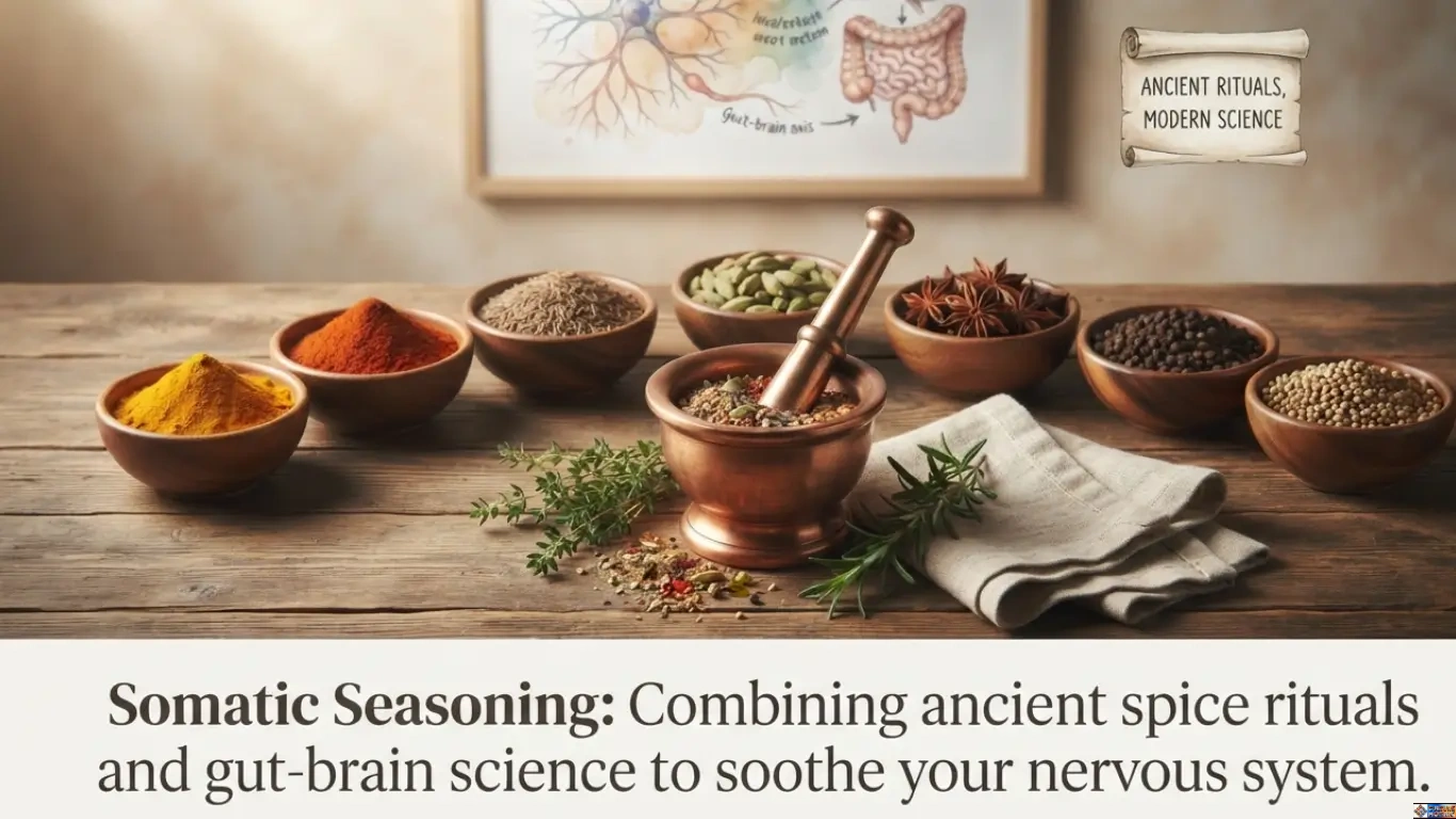 Somatic Seasoning: 7 best spices for a nervous system reset displayed in traditional bowls with a mortar and pestle