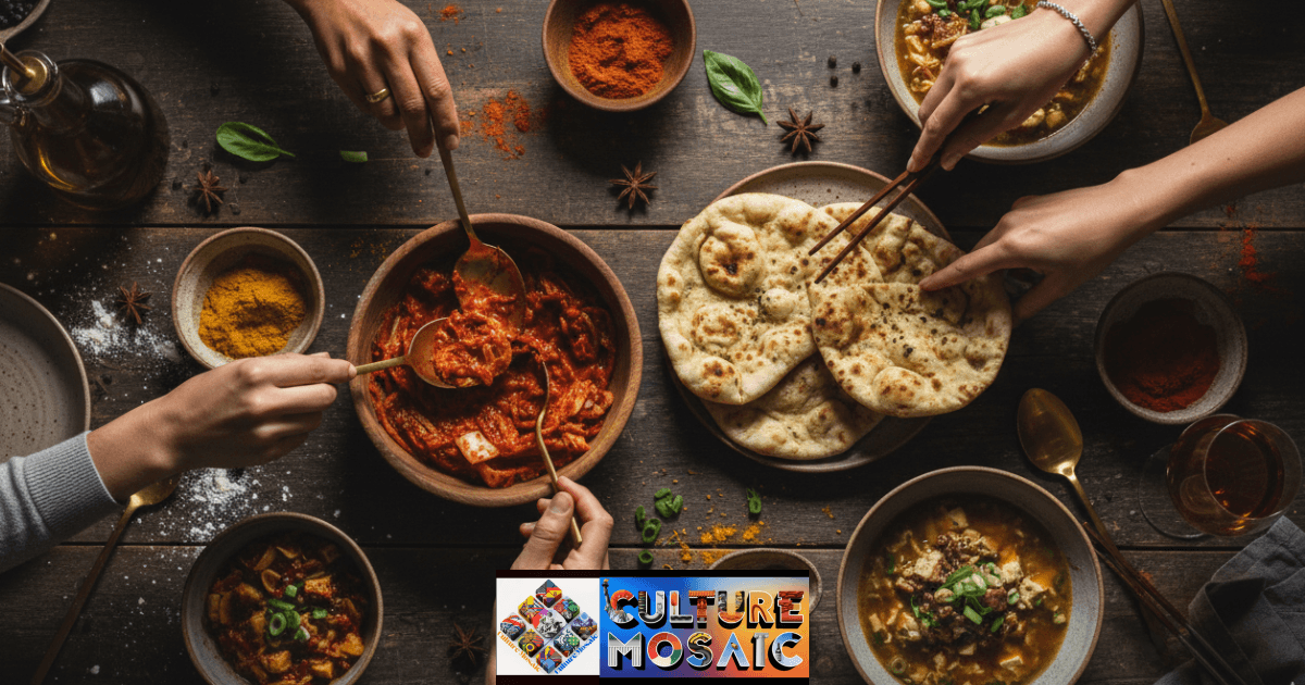 Tactile, communal dining rituals showing shared plates and somatic seasoning elements on a heritage wooden table.